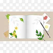 文艺清新叶子书签花朵翻开书背景素材