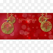 中式春节剪纸喜气过年铜钱红包大红海报背景