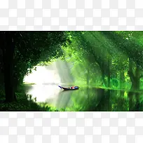 朦胧光 湖面 小船 树林 风景