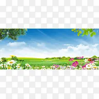 蓝天白云草地背景素材