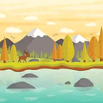 手绘自然景观与秋天驯鹿背景素材