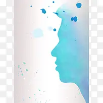 蓝色水彩人物头水墨喷溅抽象海报背景