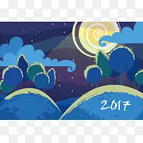 矢量卡通儿童插画夜晚2017创意背景