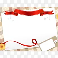 红色丝带白色卡片吊牌褐色格子背景素材