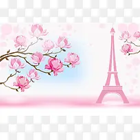粉色浪漫巴黎铁塔花朵背景素材