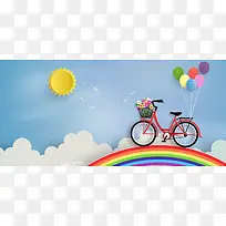 淘宝矢量卡通彩虹单车气球太阳白云花朵海报