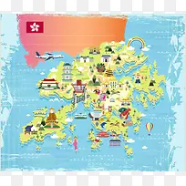 手绘矢量旅游香港紫荆花海景点地图海报背景