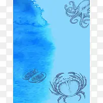 矢量蓝色水彩手绘海鲜涂鸦背景