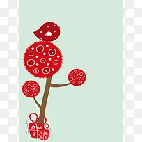 红色剪纸风格树与鸟背景素材
