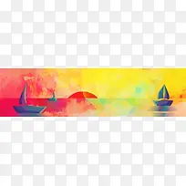 夕阳下的海中帆船风景矢量图