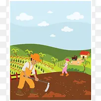 劳动节卡通插画农村景观海报背景素材