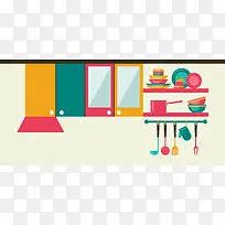 淘宝矢量卡通彩色厨房橱柜盘碗家居海报背景