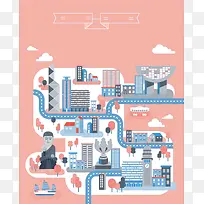 手绘矢量旅游香港景点地图粉色海报背景