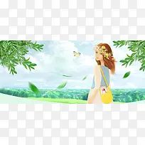 春游手绘风美女蓝天白云蓝色banner
