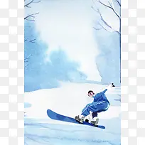 矢量卡通水彩手绘泼墨滑雪运动背景