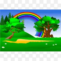 卡通绿色大树彩虹背景