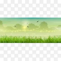 梦幻绿色草地与远处的大树淘宝春季背景