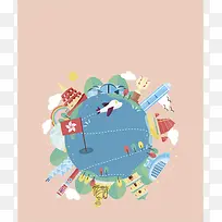 手绘矢量旅游香港景点地图地球飞机海报背景