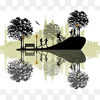 手绘城市公园人物活动剪影背景
