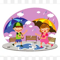 手绘卡通儿童下雨打伞背景素材