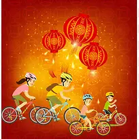 春节矢量手绘梅花一家人骑行灯笼海报背
