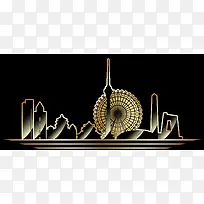 黑色背景手绘城市摩天轮剪影banner