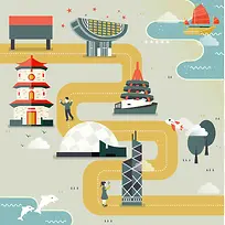 手绘矢量旅游香港景点地图灰色海报背景