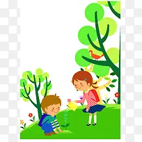 植树节守护小树苗可爱插画海报背景素材