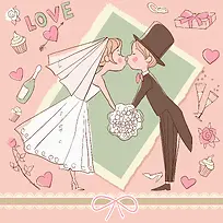 手绘结婚亲吻粉色背景素材