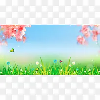 绿色清新花卉树枝草地春天通用展板背景