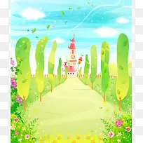 矢量水彩儿童插画城堡背景
