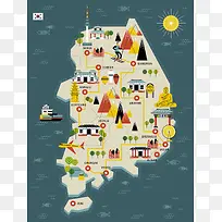 手绘矢量旅游韩国景点地图大佛首尔海报背景