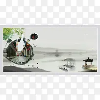 中国风古代街道绿色背景