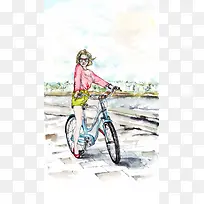 手绘骑自行车的女生