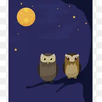 矢量卡通夜景猫头鹰背景素材