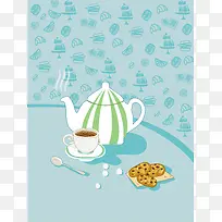 青色矢量卡通咖啡饮品海报背景素材