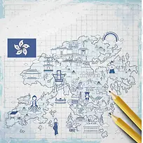 手绘矢量旅游香港景点蓝色线条地图海报背景