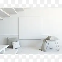 凳子枕头与墙上空白无框画背景素材