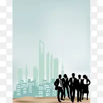 绿色清新城市大楼商业人物剪影海报背景