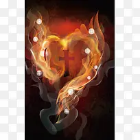 燃烧的爱心中存在的十字架背景素材
