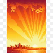 太阳下山光线城市龙云海报背景
