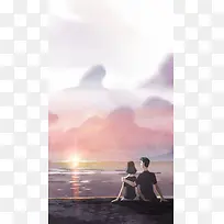 手绘卡通情侣夕阳平面广告