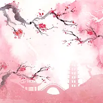 水墨手绘卡通樱花日本唯美旅行背景素材