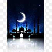 夜晚清真寺伊斯兰教建筑剪影海报背景