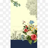 中国风花卉下的线描城市背景素材