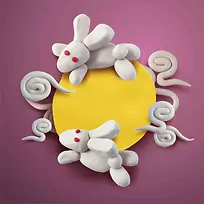 儿童手工粘土卡通白兔兔子云朵红色月亮海报