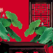 古典荷叶木桌中国风背景图