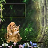 小猫小狗温馨绿色背景