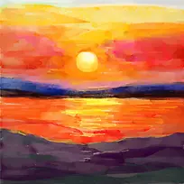 水彩手绘卡通湖边夕阳背景素材
