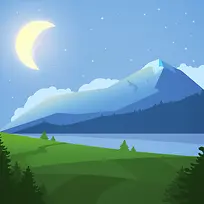 卡通山峰夜晚月亮背景素材